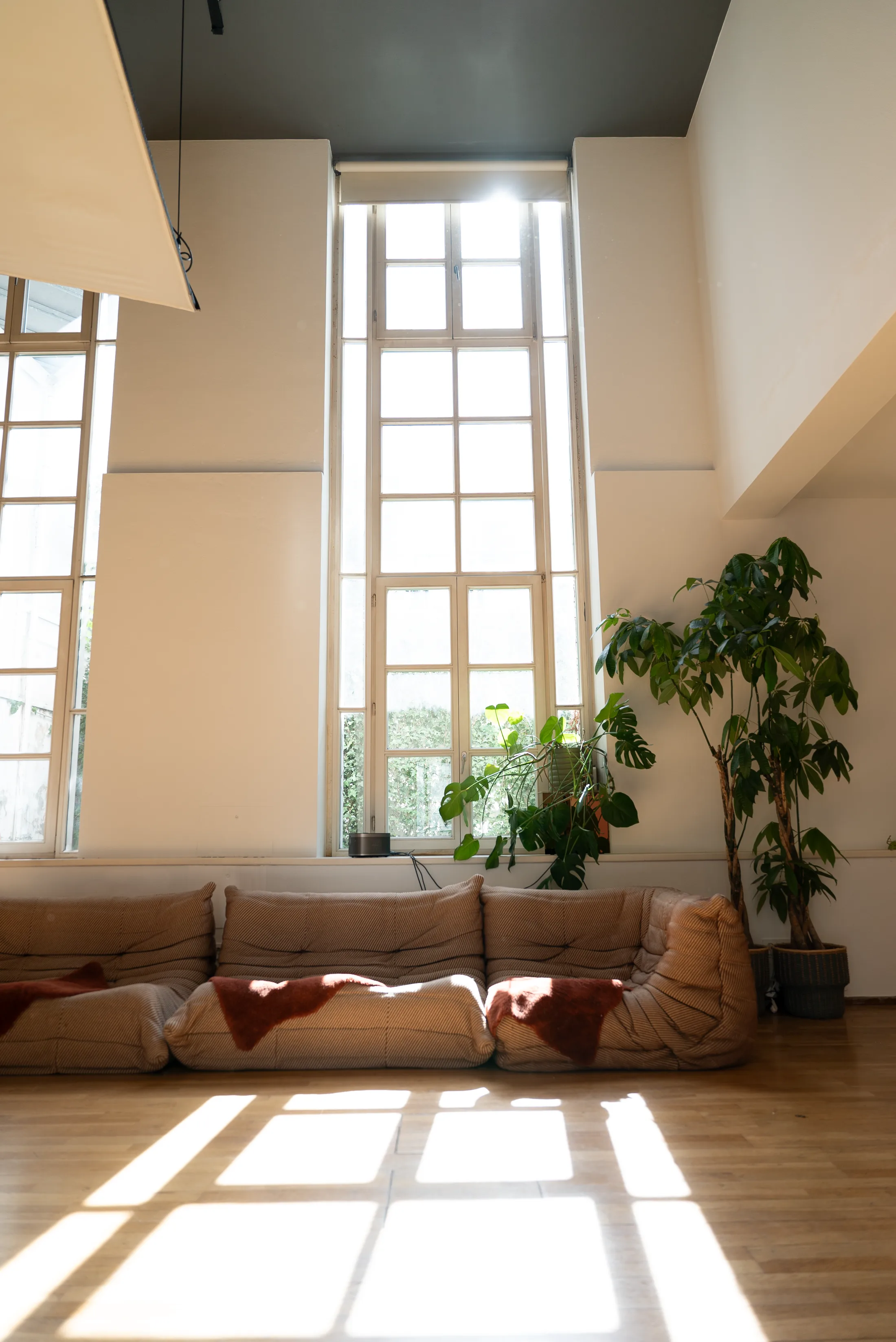 Fünf Meter hohe Fenster mit Sitzlandschaft und Pflanzen